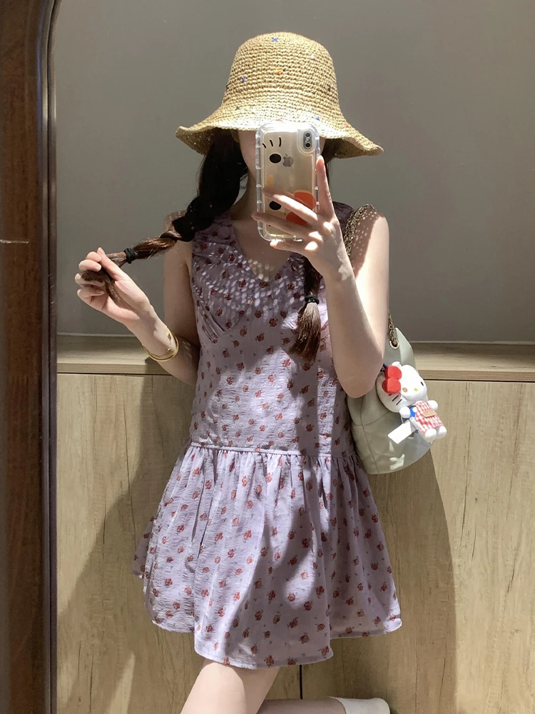 Summer 2025 Women's V-ne Svel Floral Print Vest Dr A-line ort Skirt Slimming Effect Sweet Sle Polyester Fiber