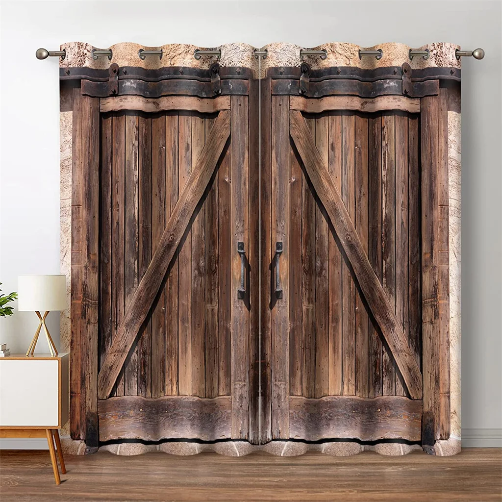 

Rustic Wood Sunshade Curtains Vintage Wooden Barn Door Farmhouse Home Bedroom Living Room Decor Grommet Window Drapes 2 Panels