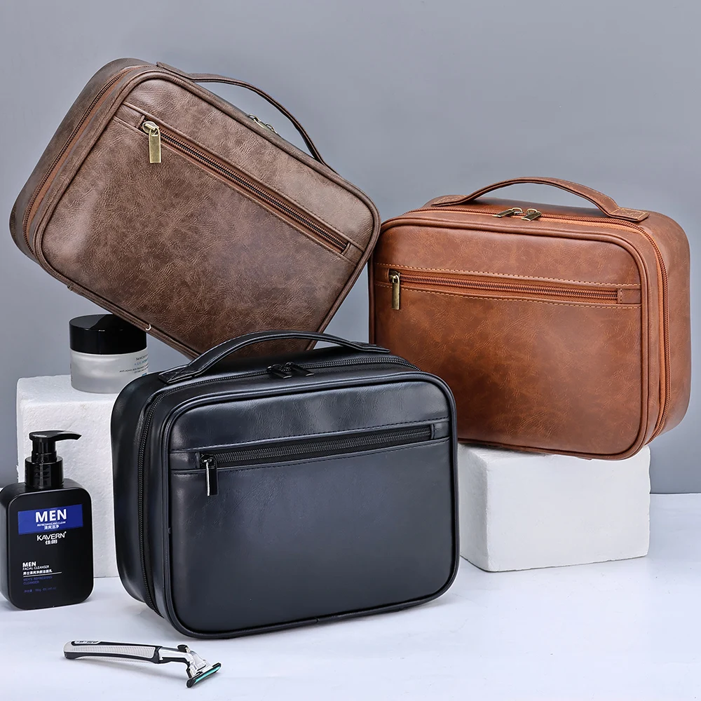 Uomo donna viaggio borsa cosmetica da toilette in pelle PU borsa da toilette da appendere portatile custodia per cosmetici per il trucco per il bagno