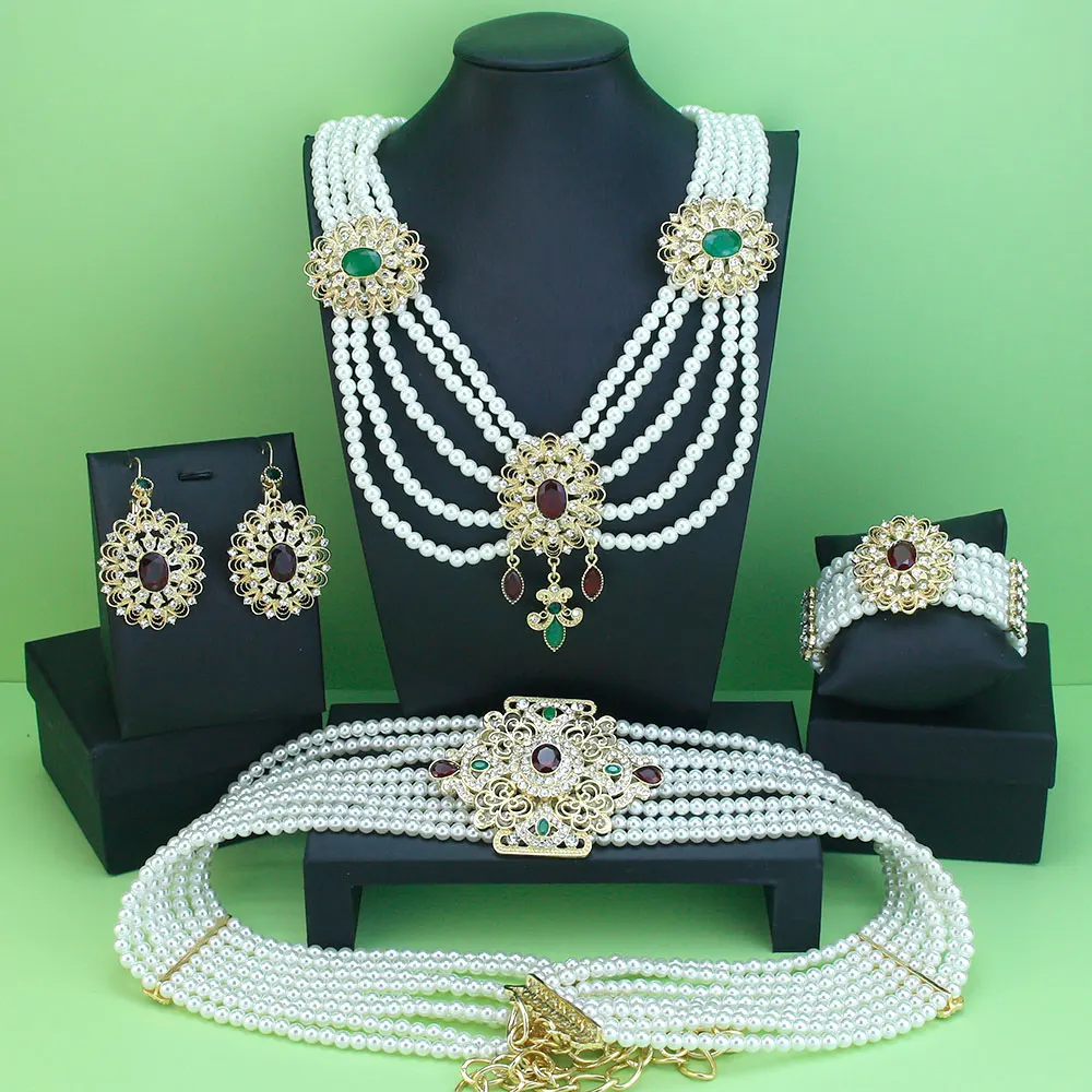 Neovisson Morocco Fashion Style Jewelry Sets Gold Color Pearl Caftan Belt Bead Necklace Crystal Earrings Bracelet Bridal Gift