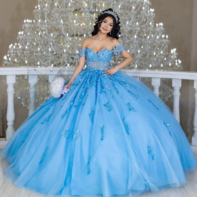 Cielo Blu Messico Abiti Quinceanera Applicazioni floreali 3D Corsetto con lacci Lunghezza pavimento Compleanno Prom Abiti da 15 Anos Personalizzato