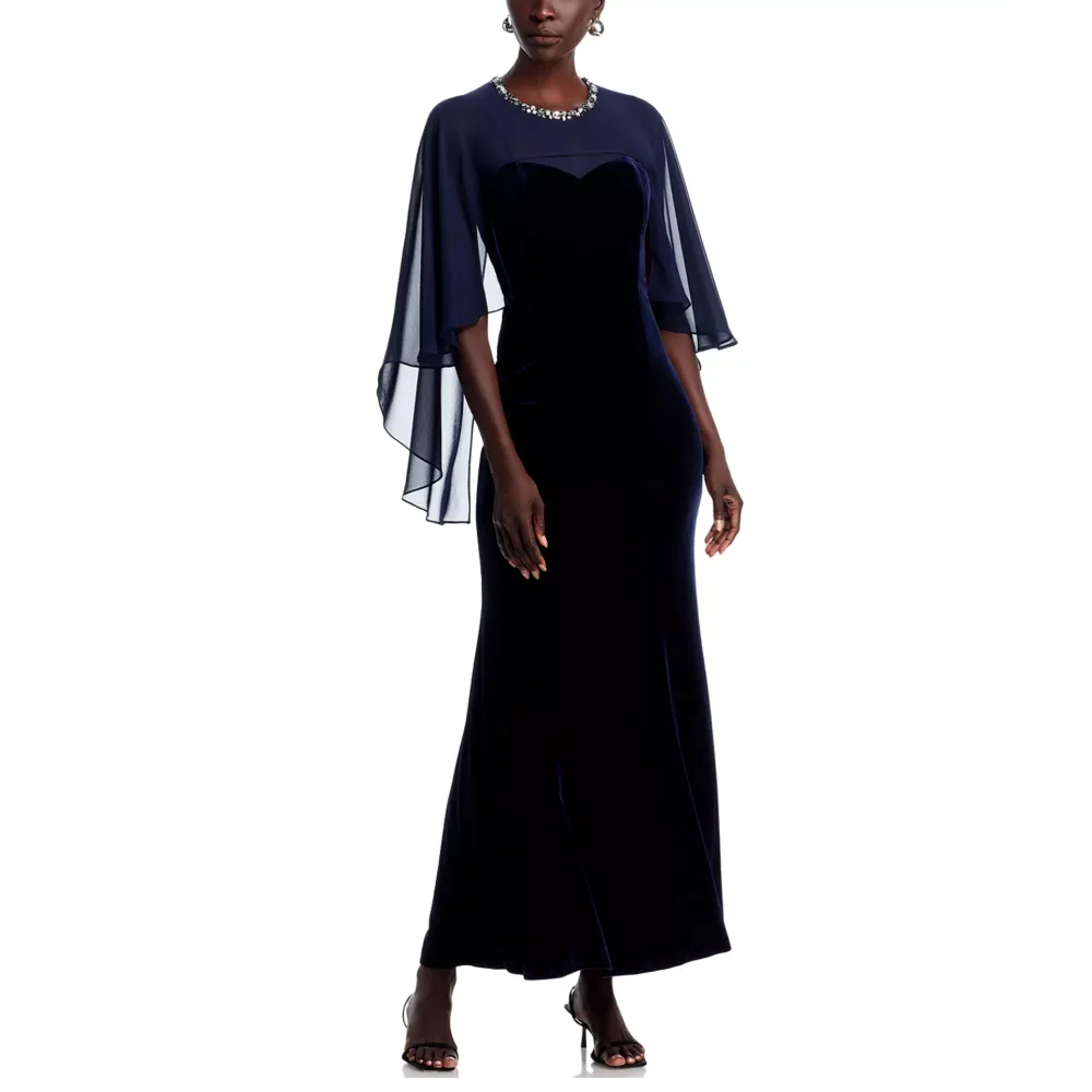 

Customized Navy Velvet Mermaid Evening Gown Chiffon Cape Rhinestone Neck Formal Long Dress for Prom Party