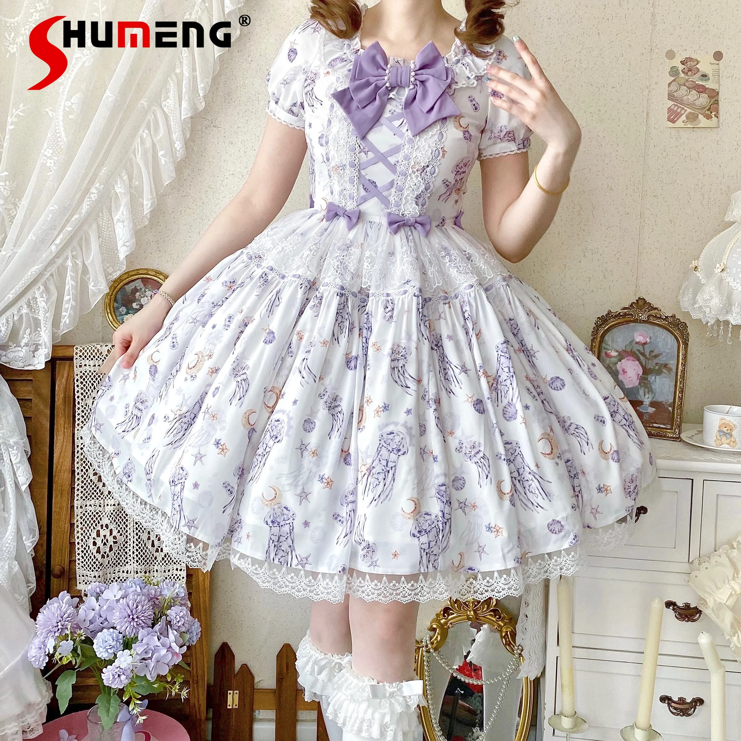 

Japanese Cute Girls Sweet Lolita Dress OP Women High Waist Slim Bow Jellyfish Print Birthday Dress Princess Tea Party Dress JSK