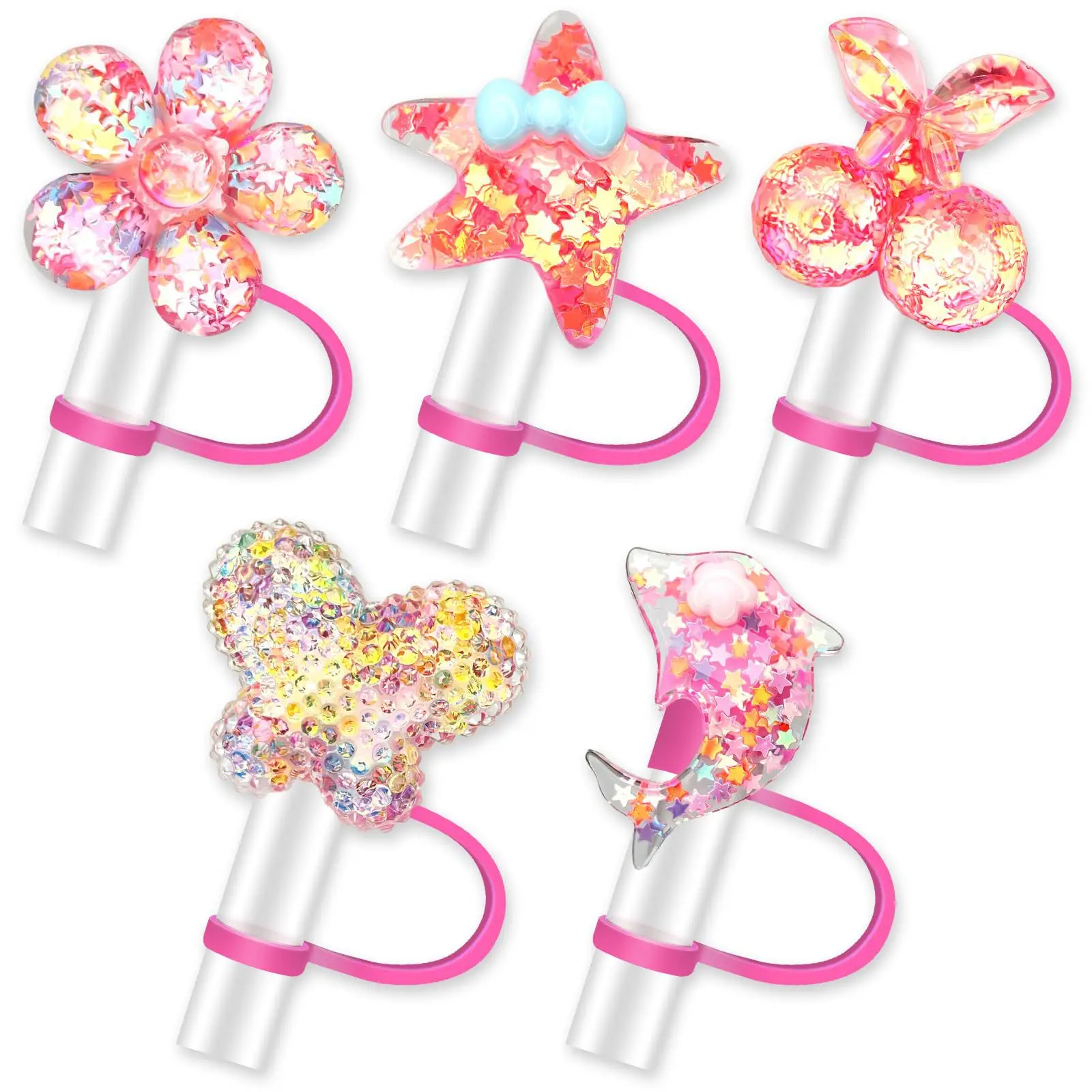 5pcs Bling Straw Toppers, Glittering Cup Accessories, Reusable 10mm/0.4 Inch Silicone Straw Tips Cover For Thermos Summer Party