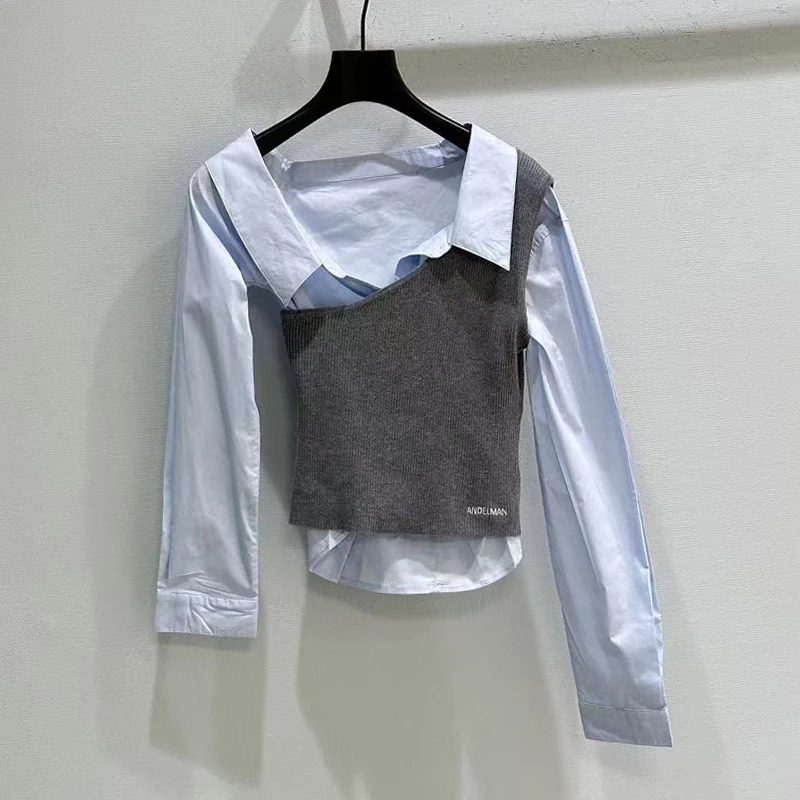 

Spring 2026 Casual Sle Women's Long Sve Vest Letter Splicing irt Irregular Design Princ eenn Slim Fit Faion Top