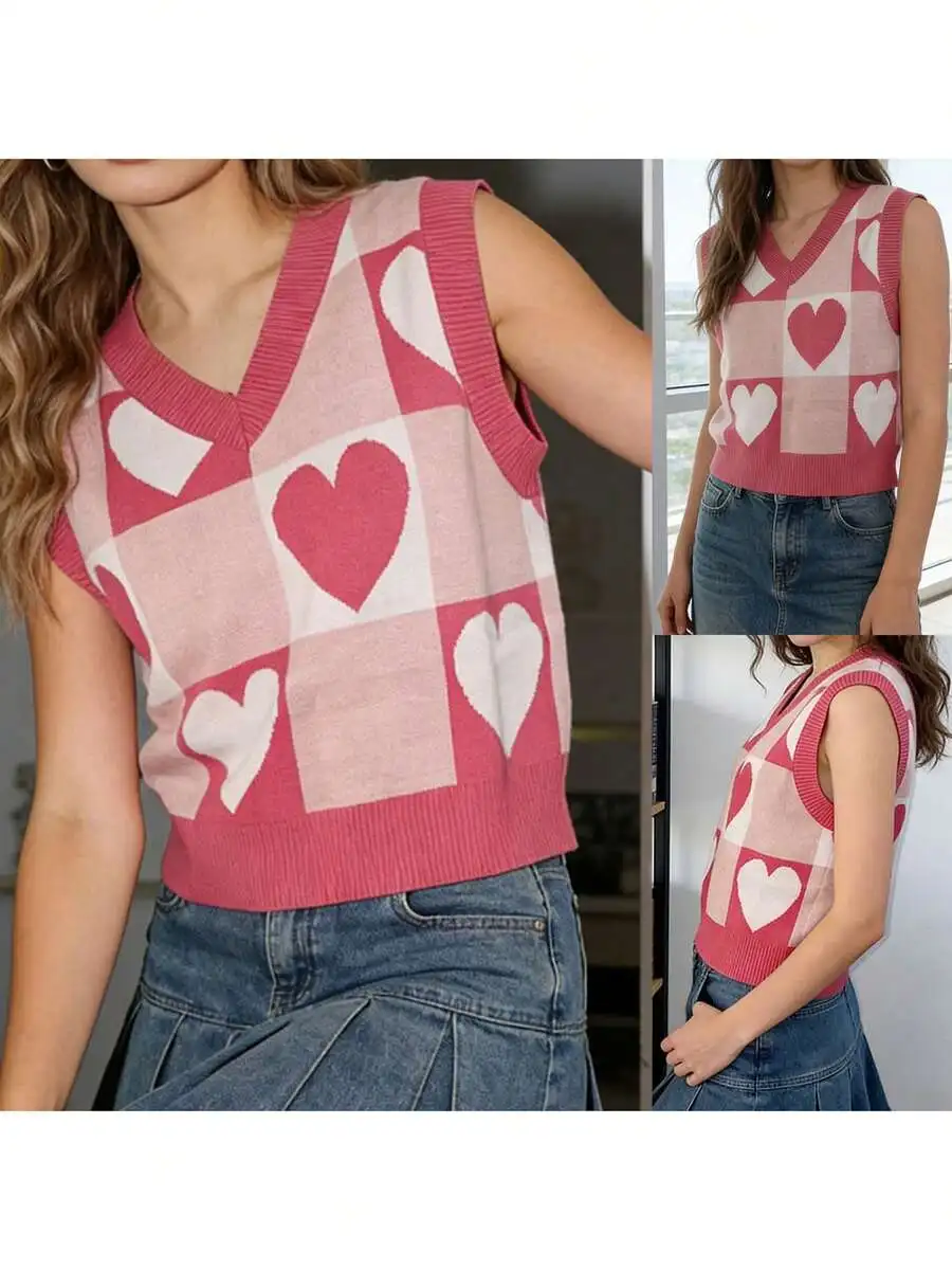 

Womens Heart Pattern V-Neck Sleeveless Knitted Vest Sweater Casual Top