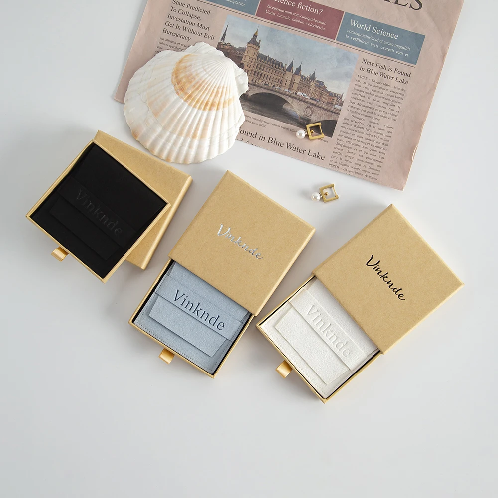 

50Pcs Custom Jewelry Package Box Slide Drawer Paper Earring Boxes with Microfiber Velvet Flap Pouch for Bracelet Necklace Ring