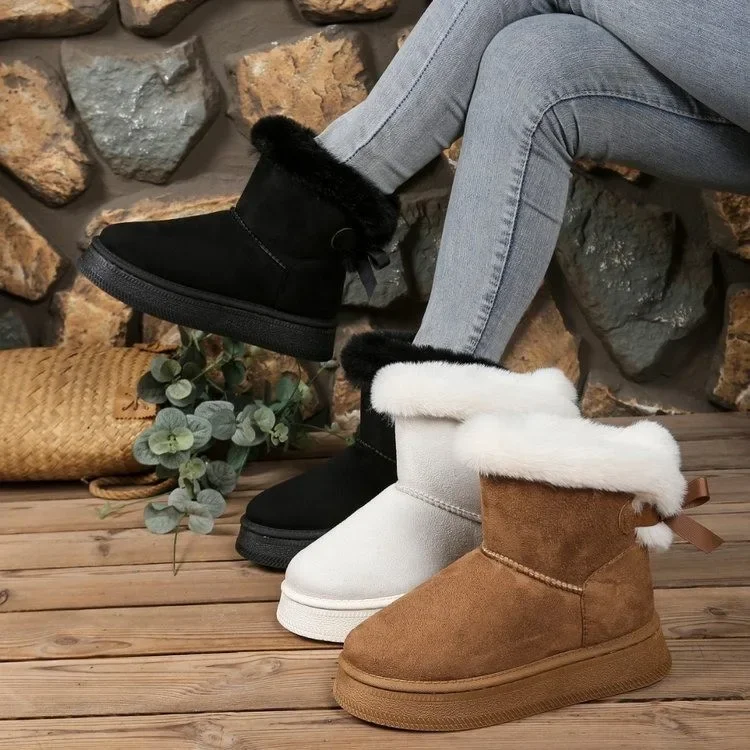 

Зимние сапоги большого размера на флисовой подкладке с толстой подошвой, женские теплые короткие сапоги с узлом-бабочкой, зимний новый стиль, трансграничный пластик Sh
