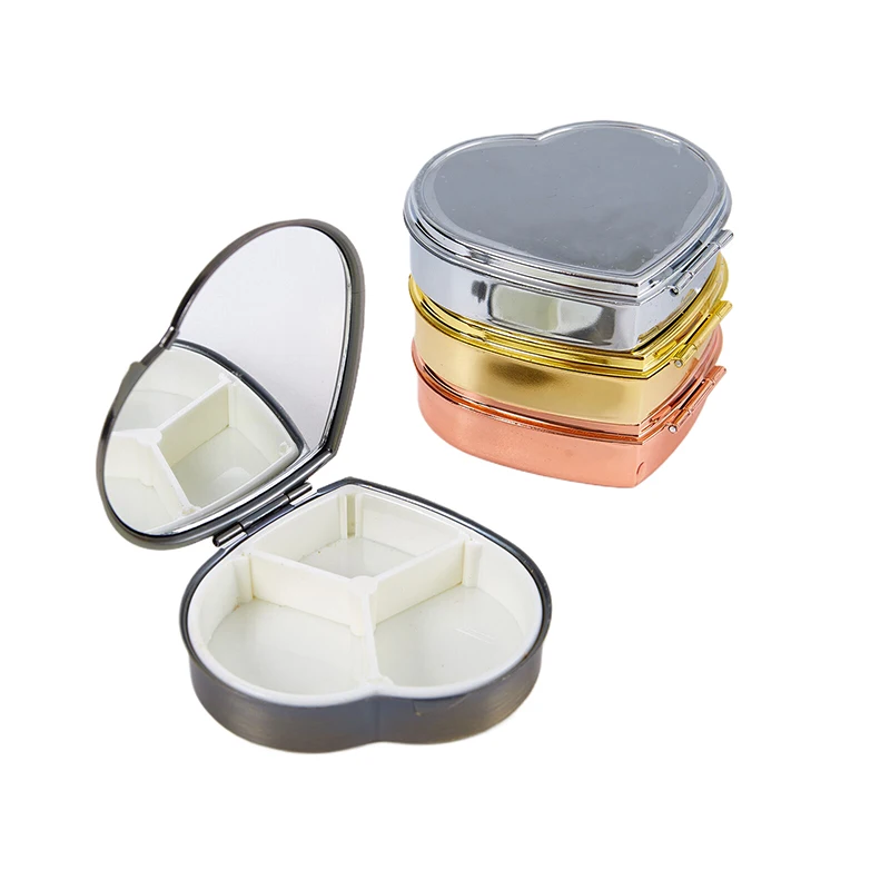 3 Grid Metal Heart-Shaped Pill Boxes Medicine Organizer Container Medicine Case Pill Candy Box Pill Storage Pill Box