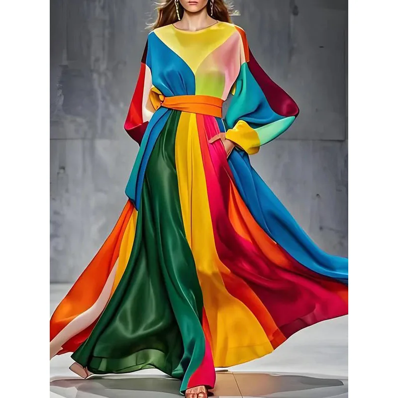 

Krisnanas Colorful Long Party Dress 2024 New Tied Waist Pockets Contrast Color Colorful Loose Long Sleeves Round-Neck Maxi Dress