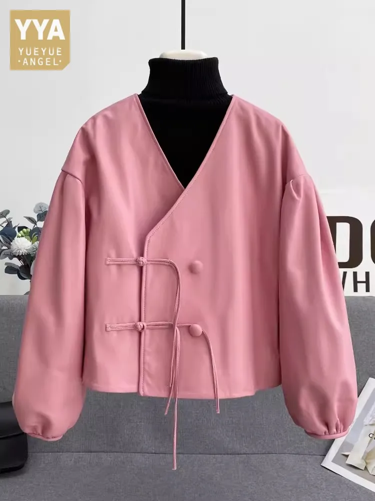 Novo design de moda senhora jaqueta de couro genuíno feminino botão tang com decote em v primavera outono manga longa casual pele carneiro casaco curto