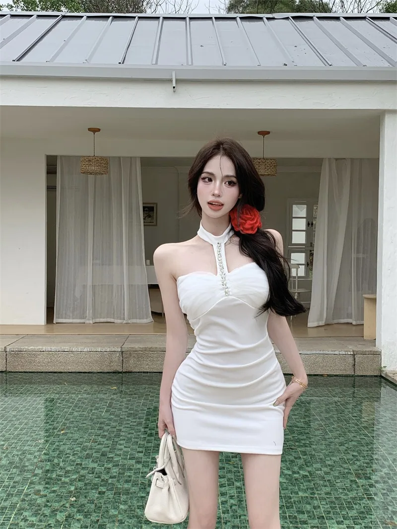 

Sweet Hot Girl Halter Neck Dress Women's Summer Off Shoulder Diamond Mesh Slim-fit Wrap Hip Short Dress Fashion Female Clothes