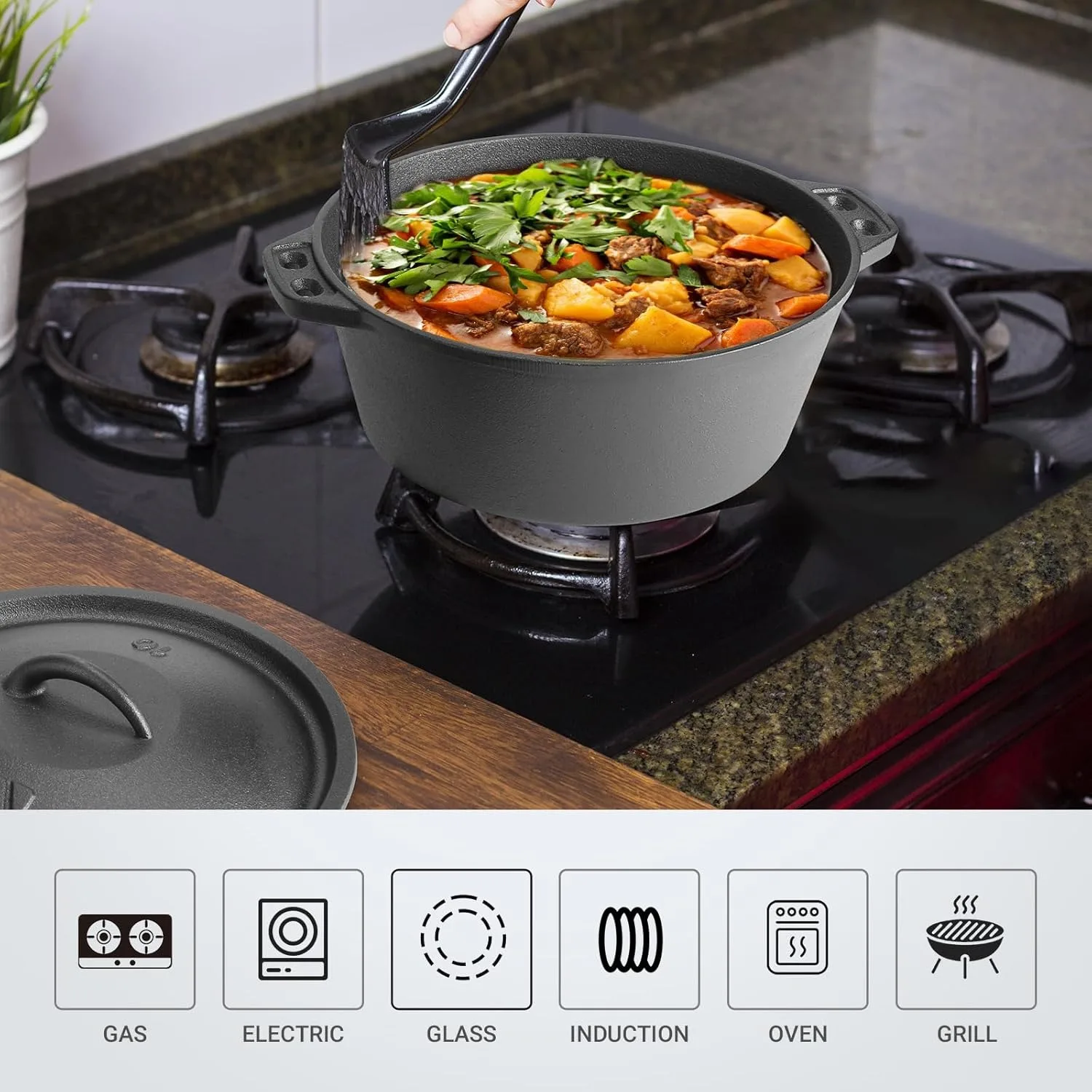 เหล็กหล่อปรุงรสล่วงหน้าหม้อเตาอบดัตช์พร้อมฝาปิดสําหรับการตุ๋น, ย่าง, ทอด, การอบขนมปัง Sourdough, เครื่องครัวตั้งแคมป์,