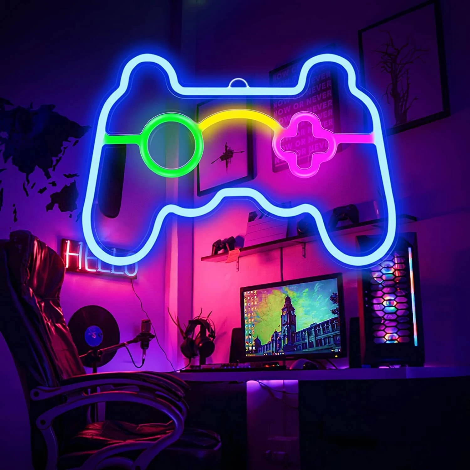 Neon Lights USB Game Console - Fun and Vibrant Handle-Shaped Decoration for Children's Room, Bedroom, or Game Room