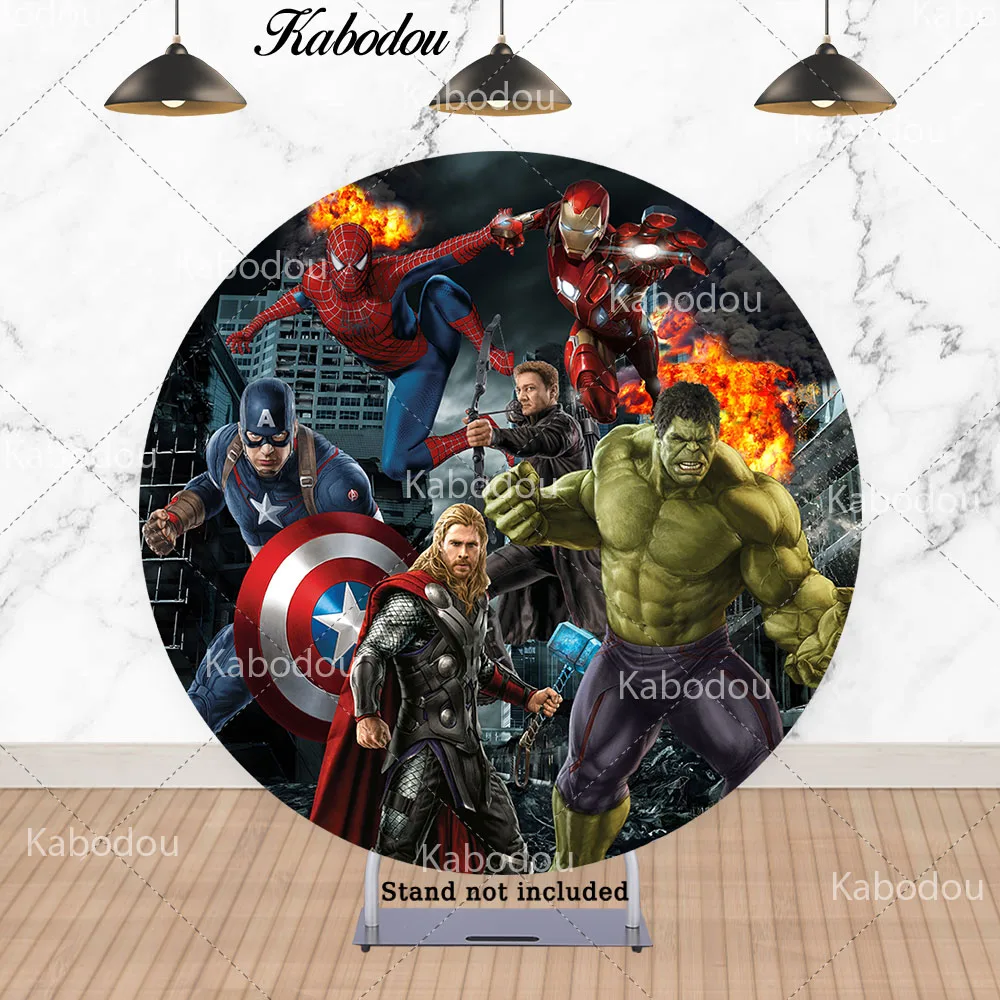 Marvel Avengers Circle Photo Backdrop Boys Happy Birthday SuperHero Theme Round Photography Background Cylinder Covers