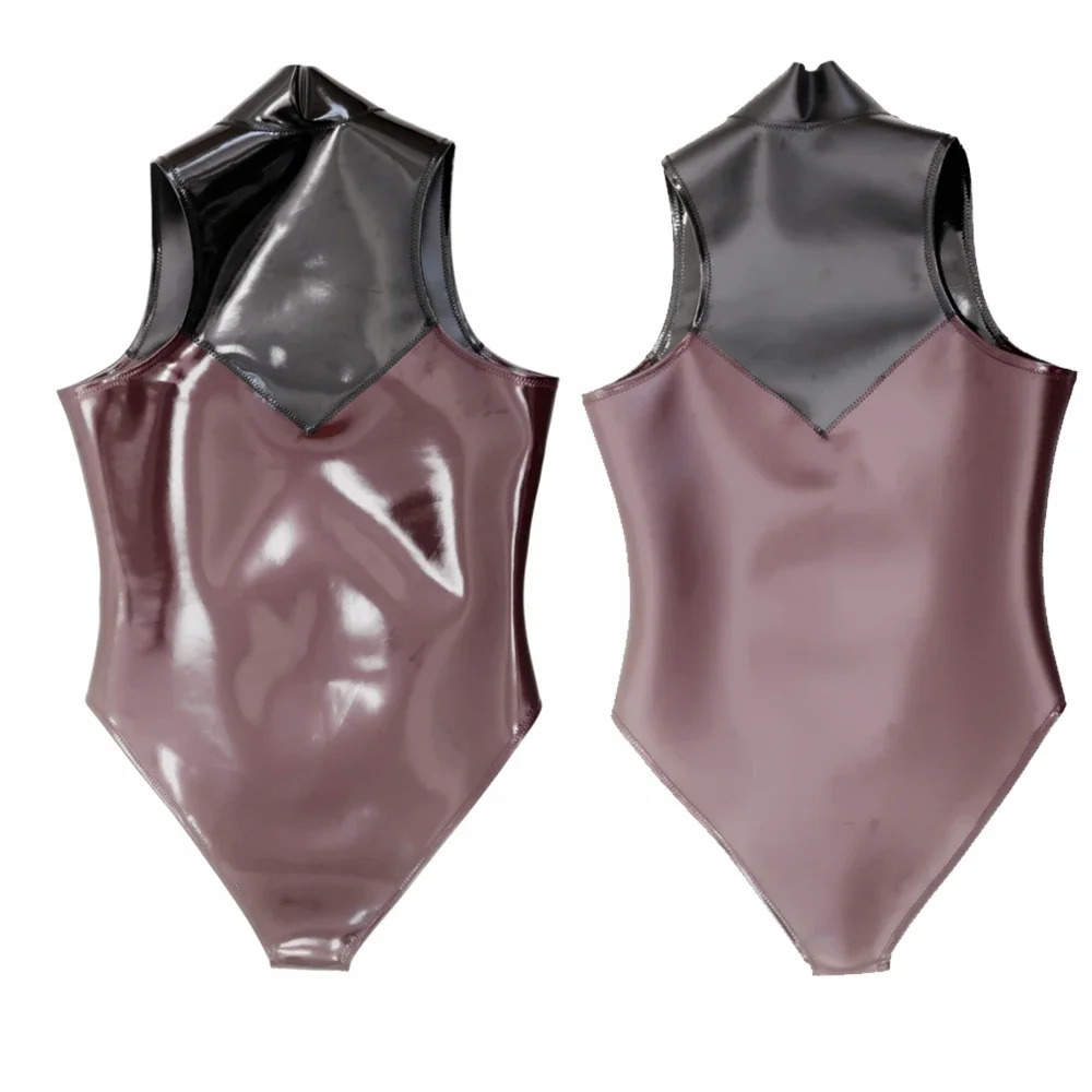 Women Double Sides PU High Cut Bodysuit PVC Glossy Shiny Elastic Tights Patchwork Shaping Stage Wear Elastic Maid Leotard