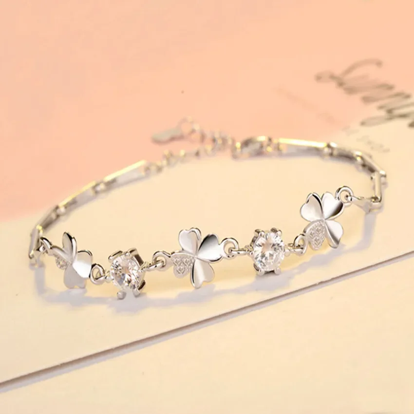 

Hot Sale 925 Sterling Silver Zircon Lucky Clover Bracelets Crystals Chain For Women Valentines Gift Wedding Party Nice Jewelry