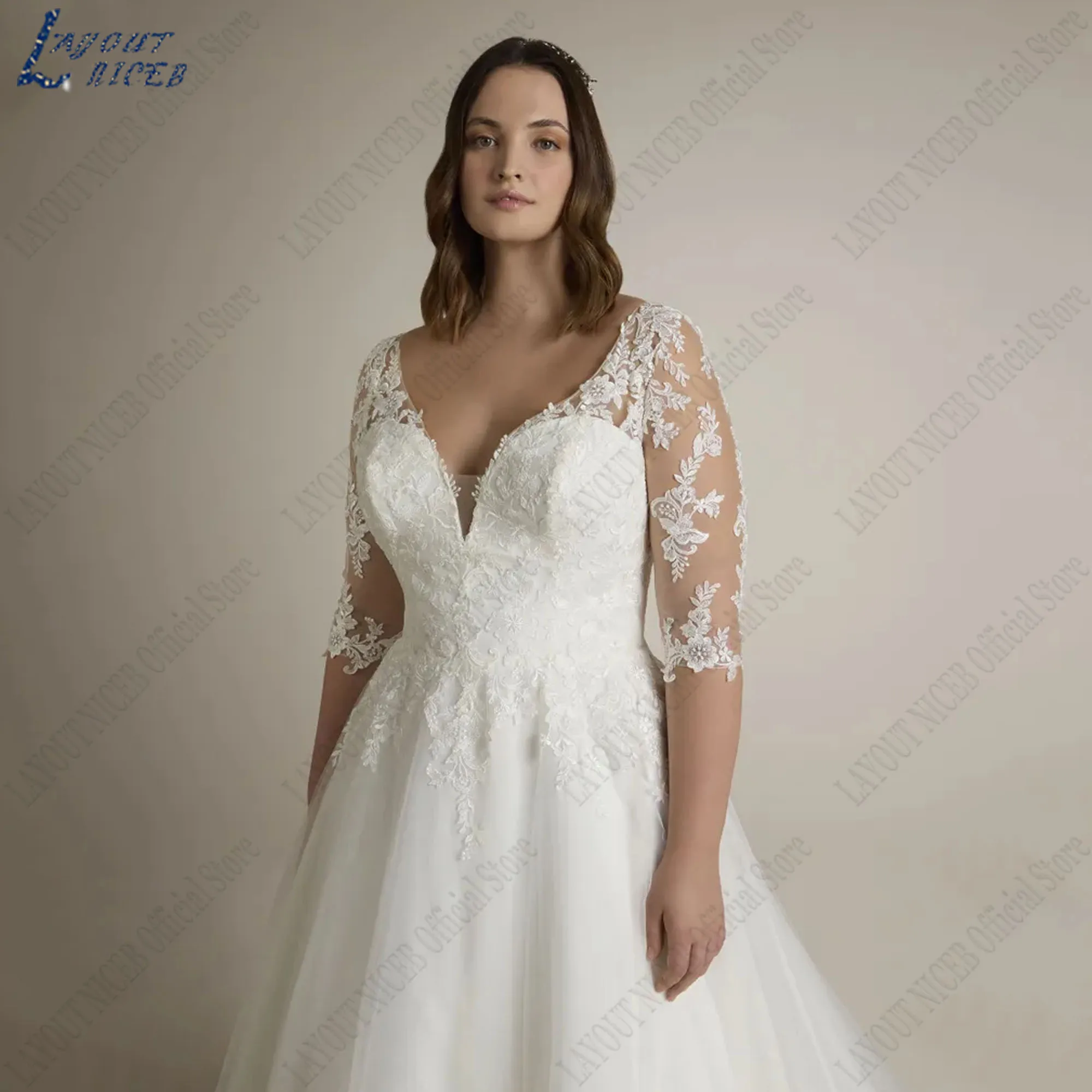 LAYOUT NICEB-Robe de Mariée de Grande Taille, Col en V, Ligne A, Classique, Demi Manches, Appliques en Tulle, Éducatif, 2024 grande taille robe de mariée V - neck a - type classique robe de mariée demi - manches tulle