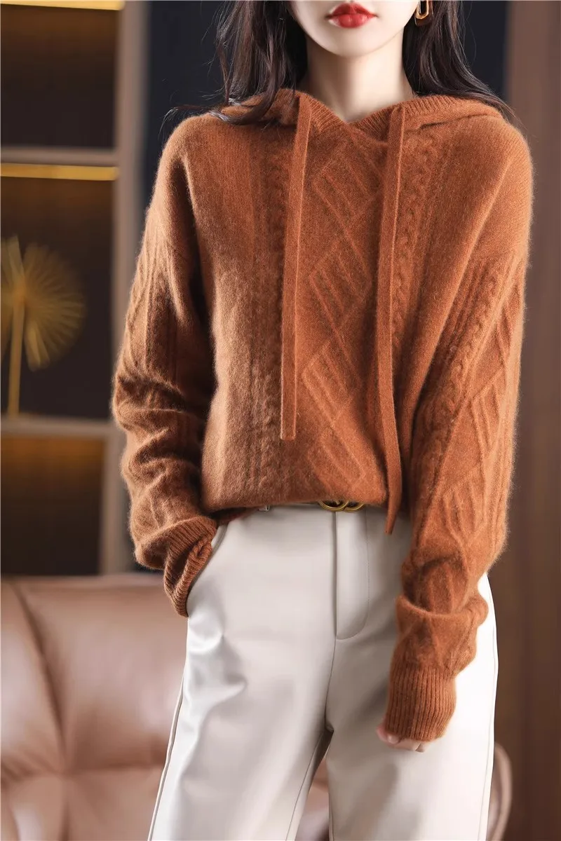 2025 Herfst/Winter nieuwe 100% pure wol hoodie vrouwen hooded losse trui gedraaide hoodie gebreide basis trui