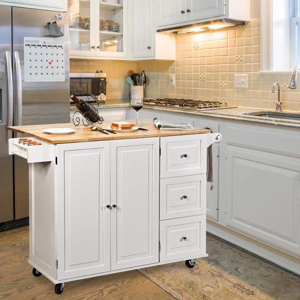 Kitchen Island Cart with Drop-Leaf Tabletop, Large Trolley Cart with Large Cabinet, 3 Drawers,(White)，Kitchen Islands & Trolleys