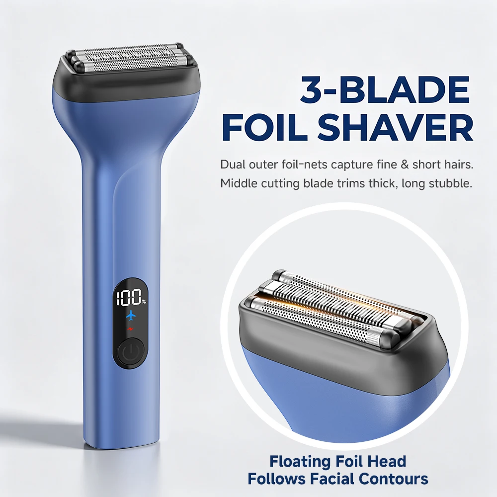 Men's Electric Shaver, 3 Floating Foil Heads Reciprocating Razor, IPX7 Waterproof, Magnetic Detachable, 90 Min