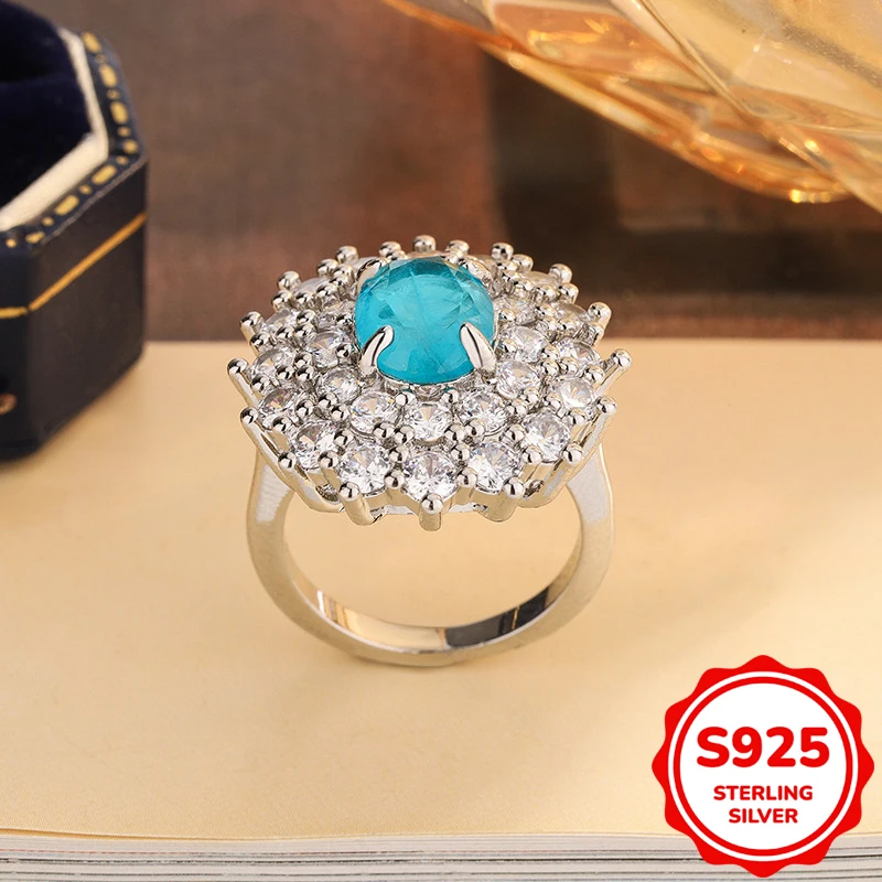 

Роскошное кольцо из стерлингового серебра S925 с цветком и сапфиром с четырьмя зубцами Параиба, женское подарочное ювелирное изделие на День святого Валентина