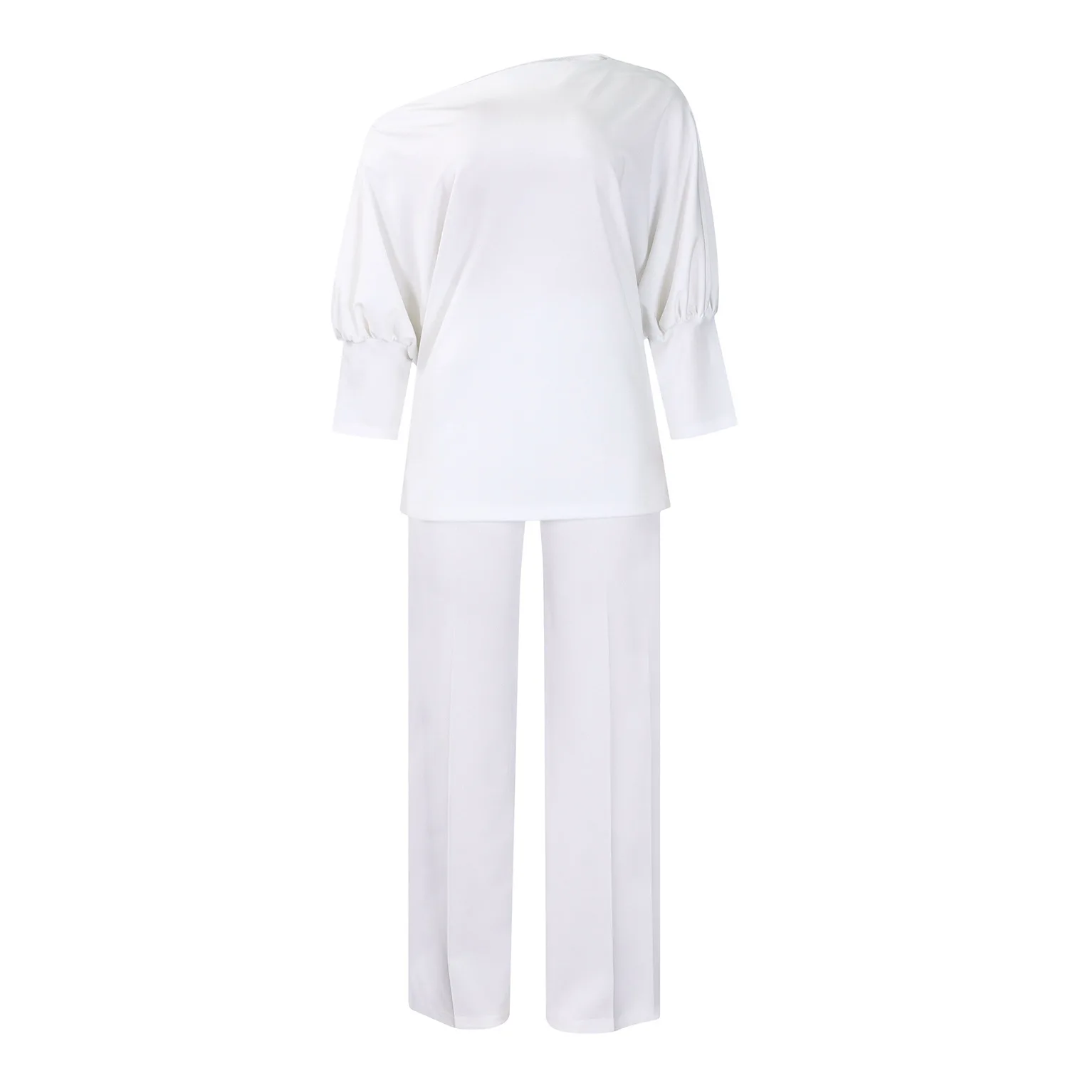 Set di pantaloni casual in due pezzi da donna, colletto asimmetrico a maniche lunghe, maniche lunghe, tinta unita, elegante set coordinato autunnale da donna da ufficio