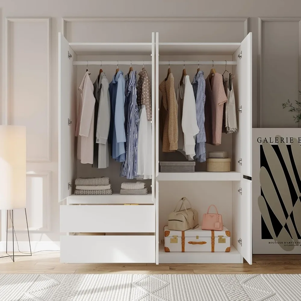 خزانة ملابس خشبية ذات 4 أبواب ودرجين مع قضيب تعليق لغرفة النوم #4