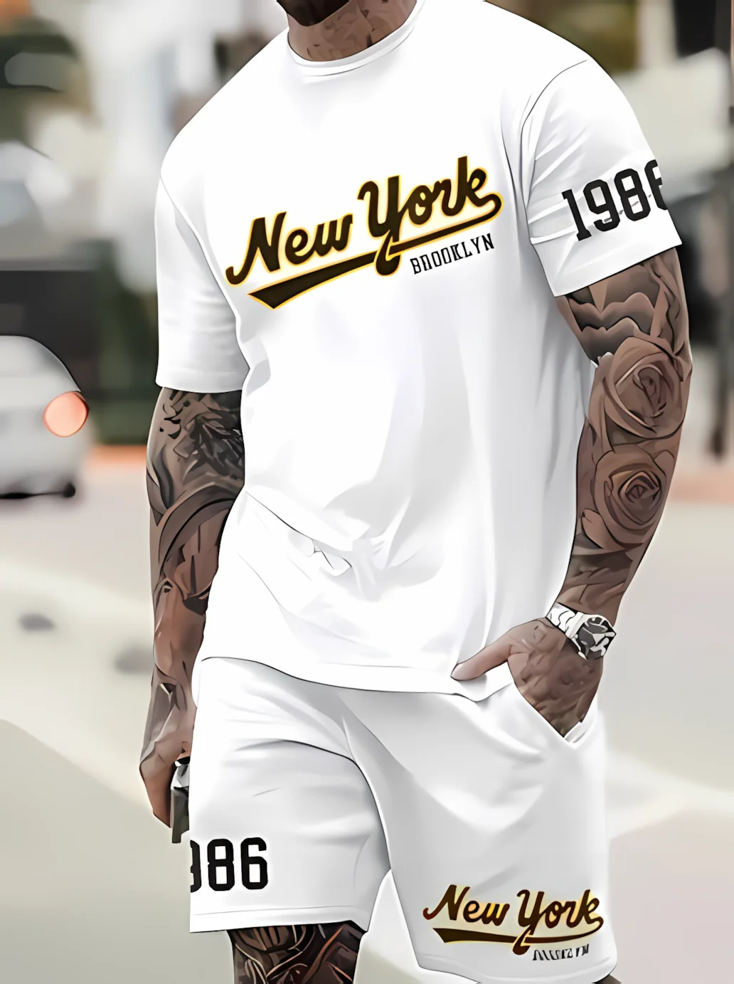 

New urban street men's casual breathable short sleeved T-shirt set unique letter printed short sleeved shorts 2-piece set