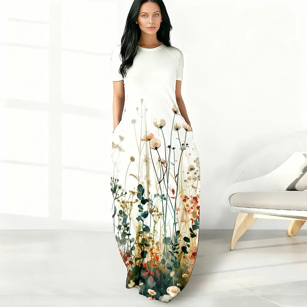 

Elegant Short-sleeved Floral Maxi Dress For Women Summer Casual Loose-fitting Sundress Bohemian Style Beach Vacation Essential