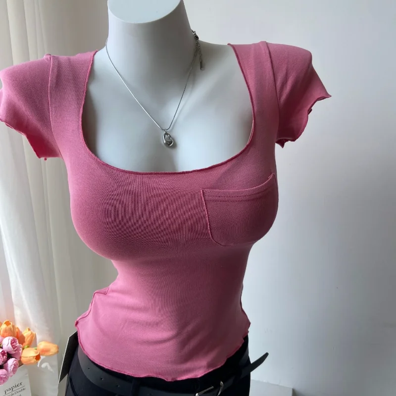 Elastic Short Sleeve T-Shirt Women's Low Chest U-Neck Pure Desire Ceiling Large Collar Slim Fit Casual Top with Pocket