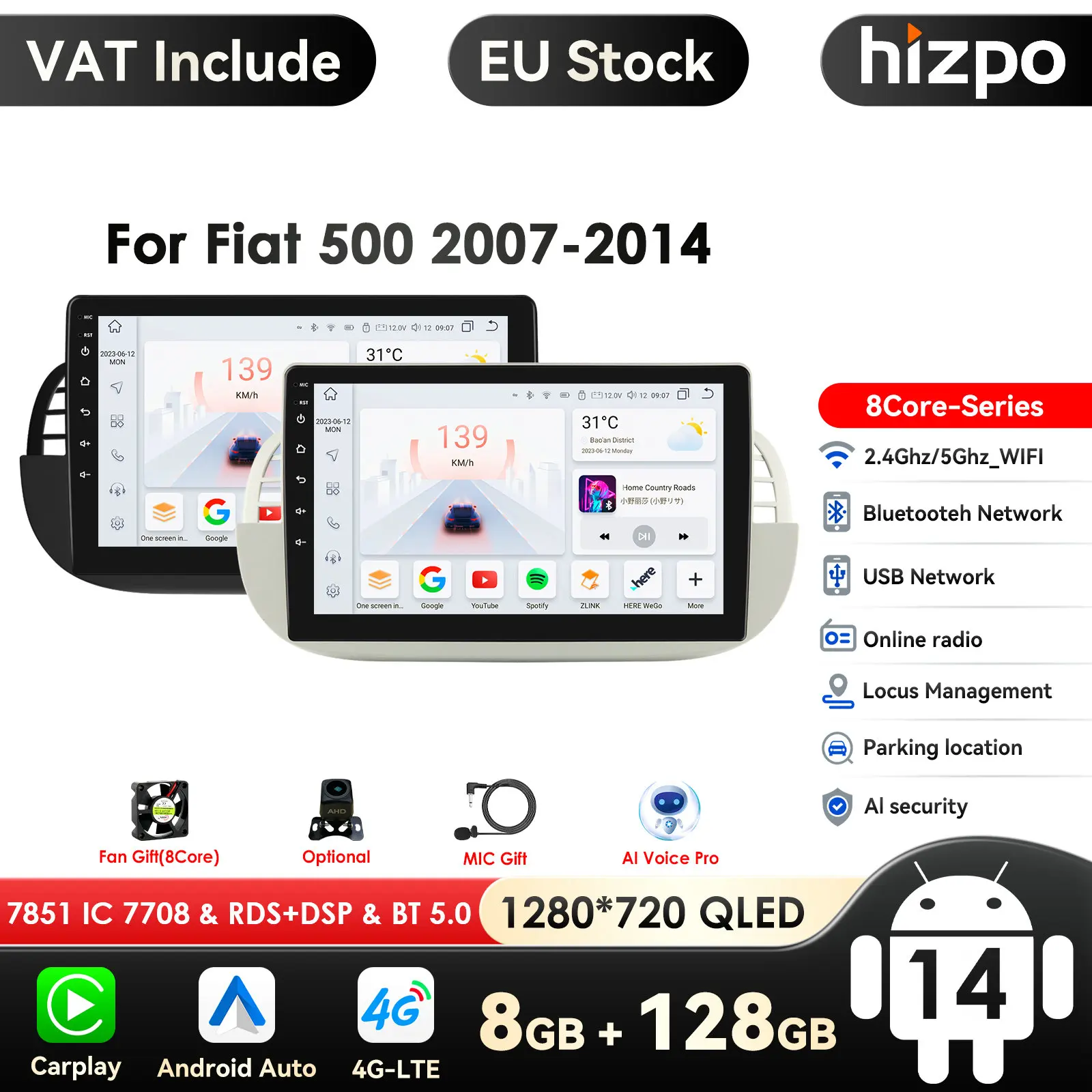 4G 9 pollici 2Din Android Car Multimedia Player per FIAT 500 navigazione GPS Carplay Auto Radio RDS DSP Stereo Video Audio Head Unit