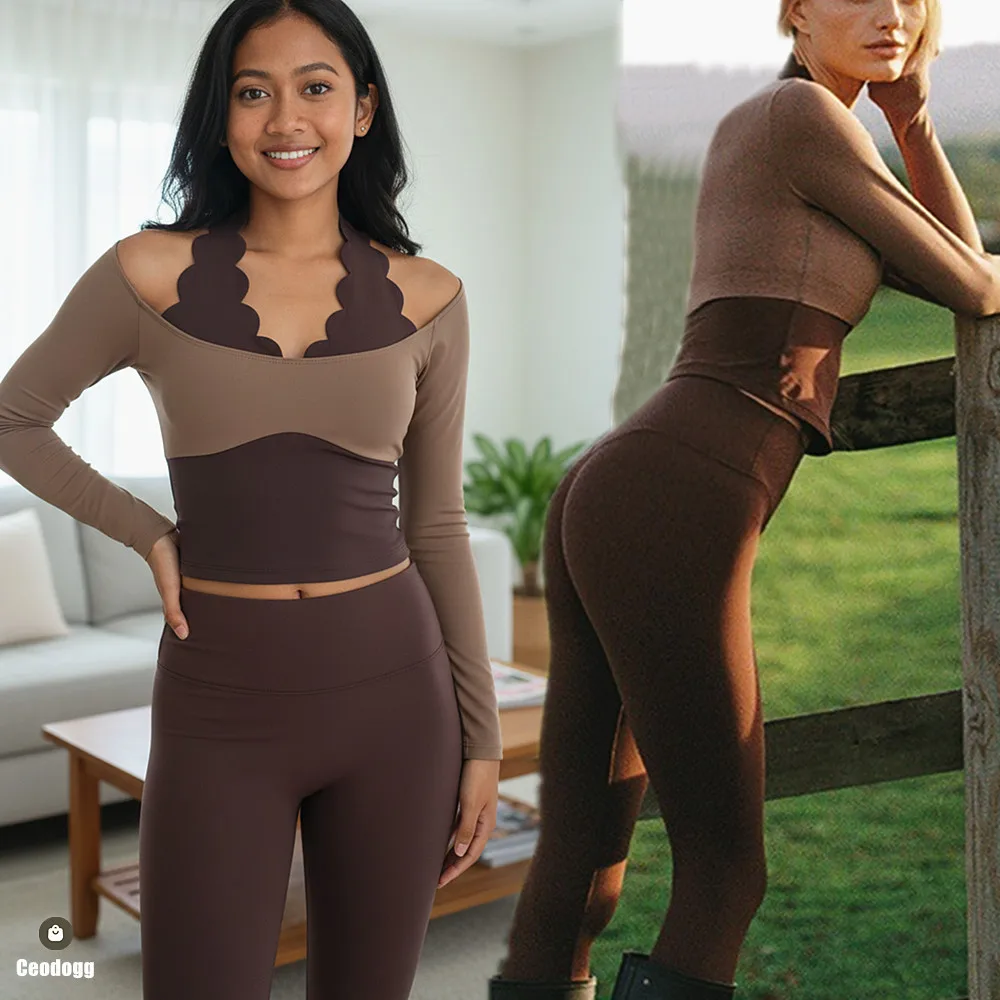 

Halter Pad Long Lace Top Fake Two-Piece Yoga Set Fit Outdoor Sports Fitness Long Sleeve Fashion Tights Compression Pants XP190