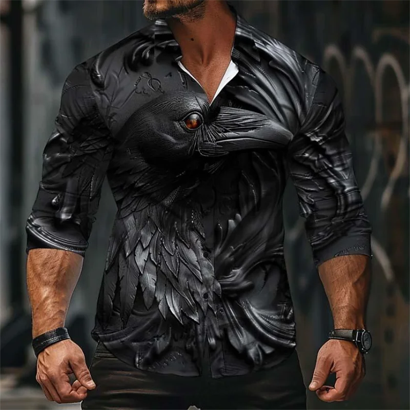 Fashion trend gray crow animal men\'s tops shirt buttons casual outdoor street soft and comfortable men\'s tops plus size