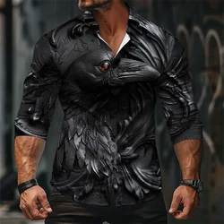 Fashion trend gray crow animal men's tops shirt buttons casual outdoor street soft and comfortable men's tops plus size