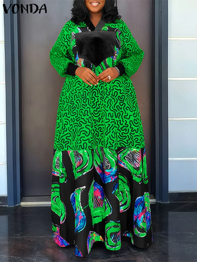 

Plus Size Women Long Dress 2025 VONDA Vintage Long Sleeve Sundress Fashion V Neck Party Vestidos Casual Loose Robe Femme