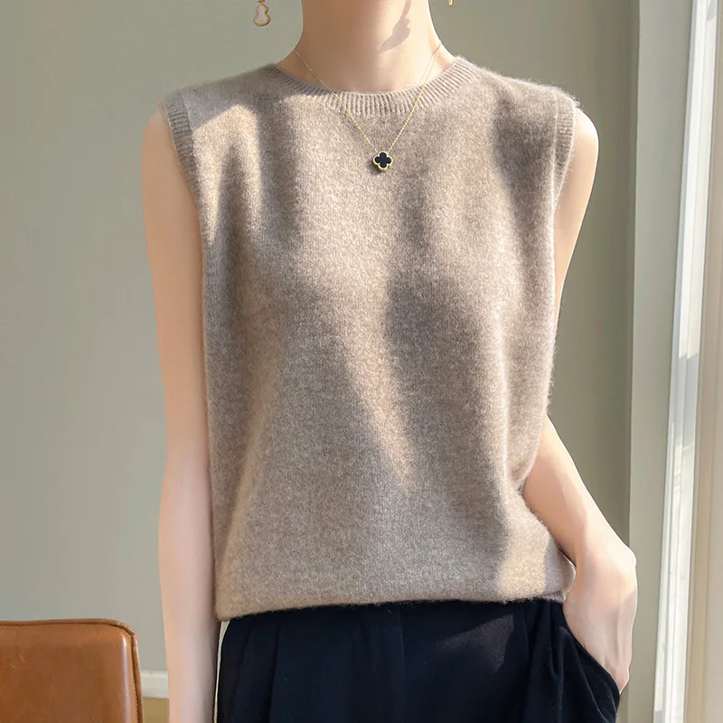 Seamless 100% Pure Wool Vest  Women\'s Round Neck Pullover Spring/Summer New Needle Sleeveless Vest Solid Color Camisole