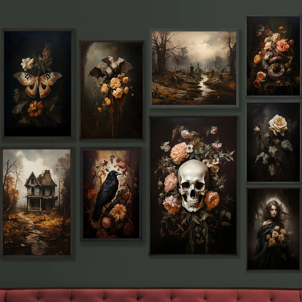 

Retro Gothic Horror Skull Bat Canvas Painting Surrealism Wall Art Canvas Print Crow Animal Flower Gallery Living Room Home Decor