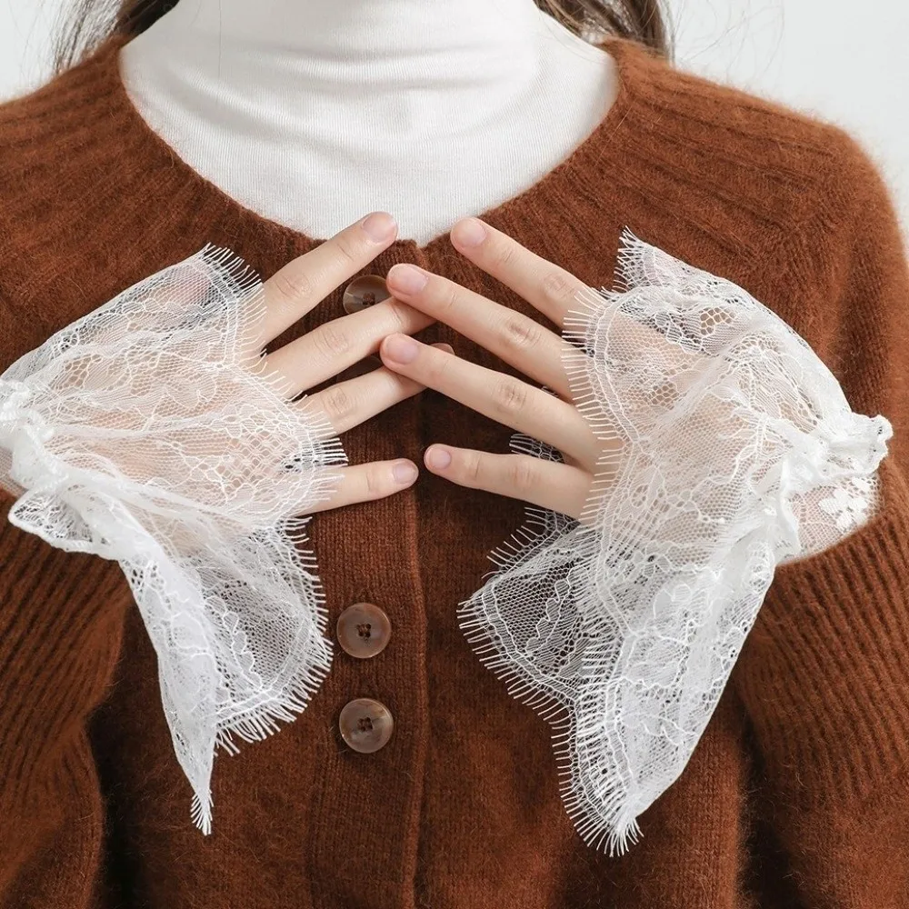 Adjustable Lace Floral Cuffs Pleated Design Detachable Pleated Fake Sleeves Stretchable White Black Wrist Accessories