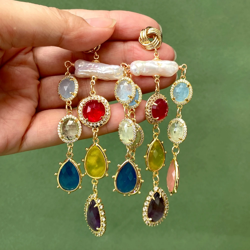 YYGEM Natural white Biwa pearl amethyst prehnite red and blue jade Long Dangle Earrings Boho Drop Earrings Luxury Party