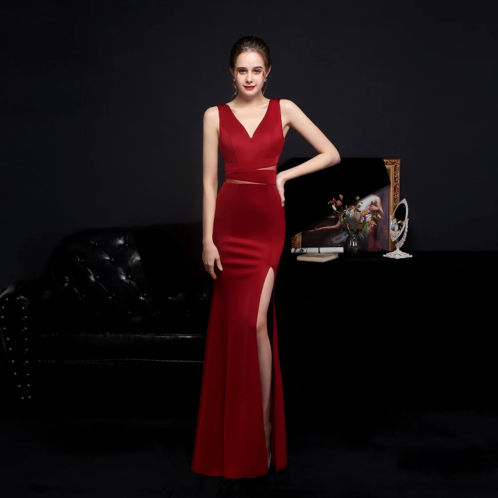 Women's V Neck Sleeveless High Split Dress for Summer Elegant Hollow Out Mesh Evening Gown