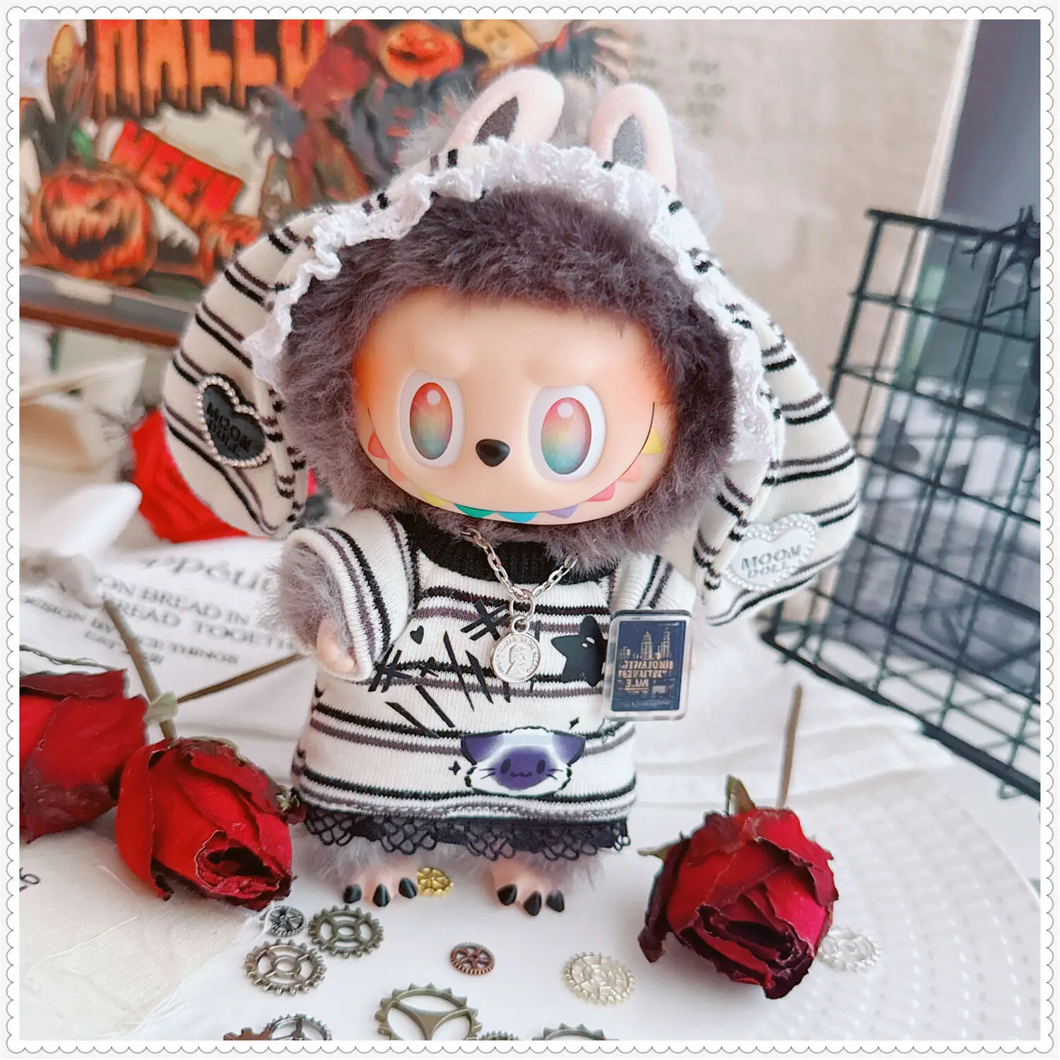 

Милая одежда для кукол DIMOO/LABUBU, 15 см/17 см, полосатый комбинезон с кружевной отделкой 1–3 поколения и комплект с повязкой на голову с заячьими ушками