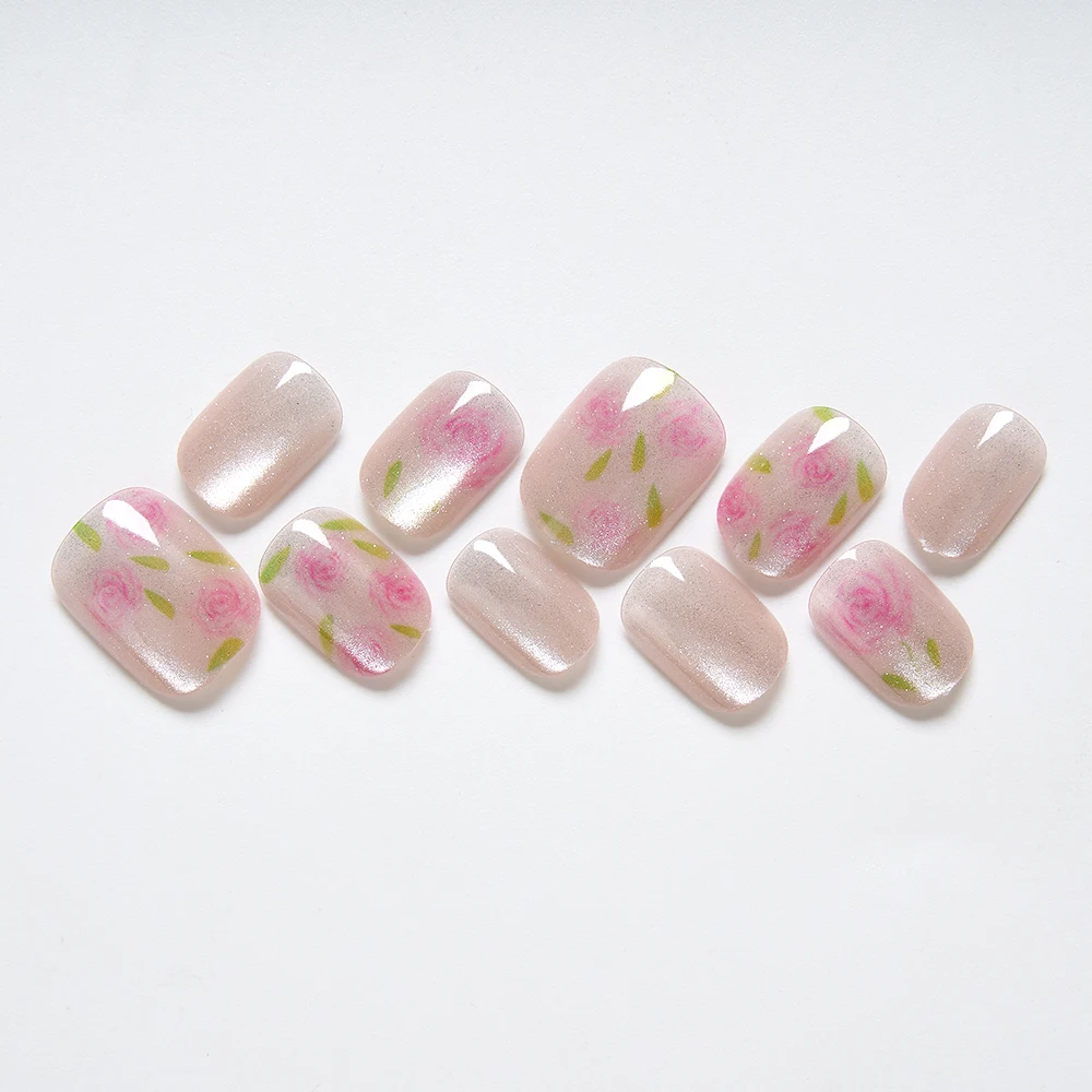 

10Pcs Shiny Handmade Press On Nails Short Ballerina Artificial Full Cover Cat Eye Rose Design Fake Nails Wearable Manicure Nails