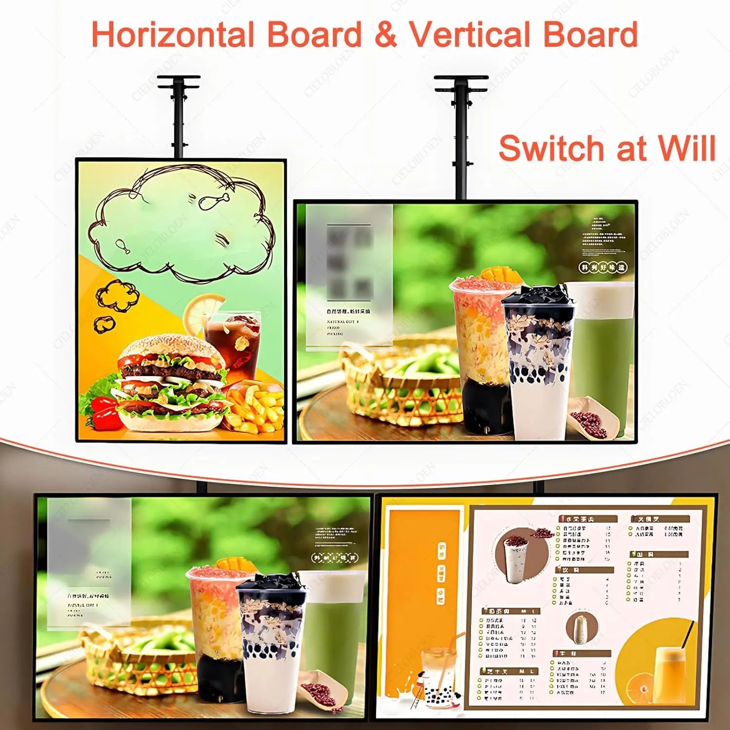 Fast food restaurant rectangular LED menu board, hamburger fried chicken advertising ordering light hanging type