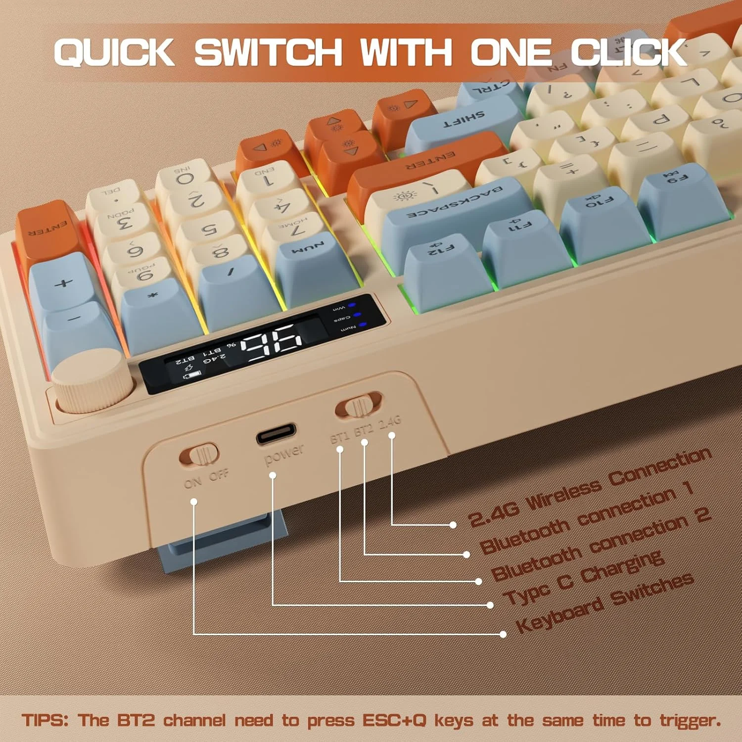 لوحة مفاتيح ألعاب لاسلكية ZIYOU LANG M96 96% غشائية BT/2.4G LED قوس قزح صامت