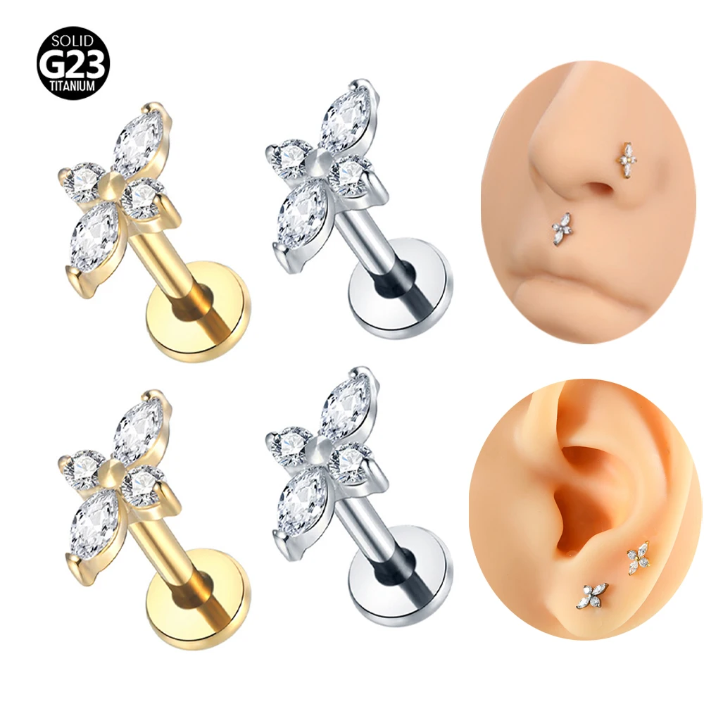 1 unidad de joyería para piercing labret de titanio G23 con parte trasera plana, para helix, concha, tragus, cartílago, nariz/labio, tipo arete o anillo