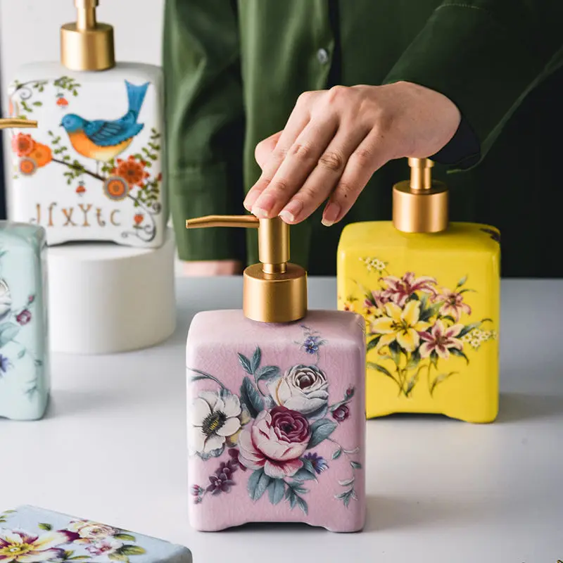 Chinese Ceramic Emulsion Bottle Color Flower-and-bird Soap Container Shampoo Bath Lotion Collection Bottle Bathroom Accessories