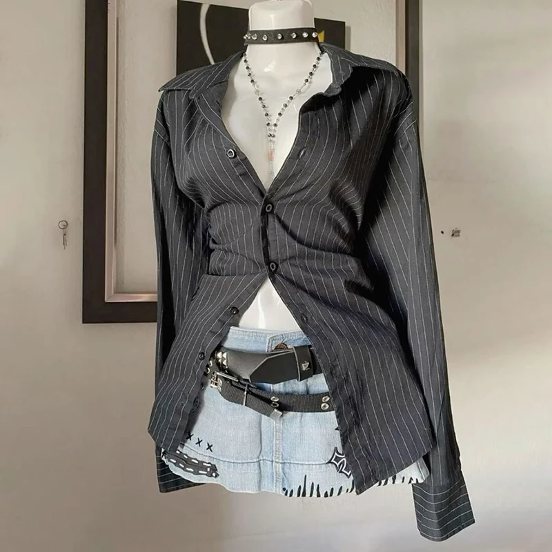 بلوزات كلاسيكية قمصان سوداء مخططة بقصة ضيقة وأكمام طويلة قميص نسائي كوري أنيق للمكتب قميص نسائي جمالي أنيق #1