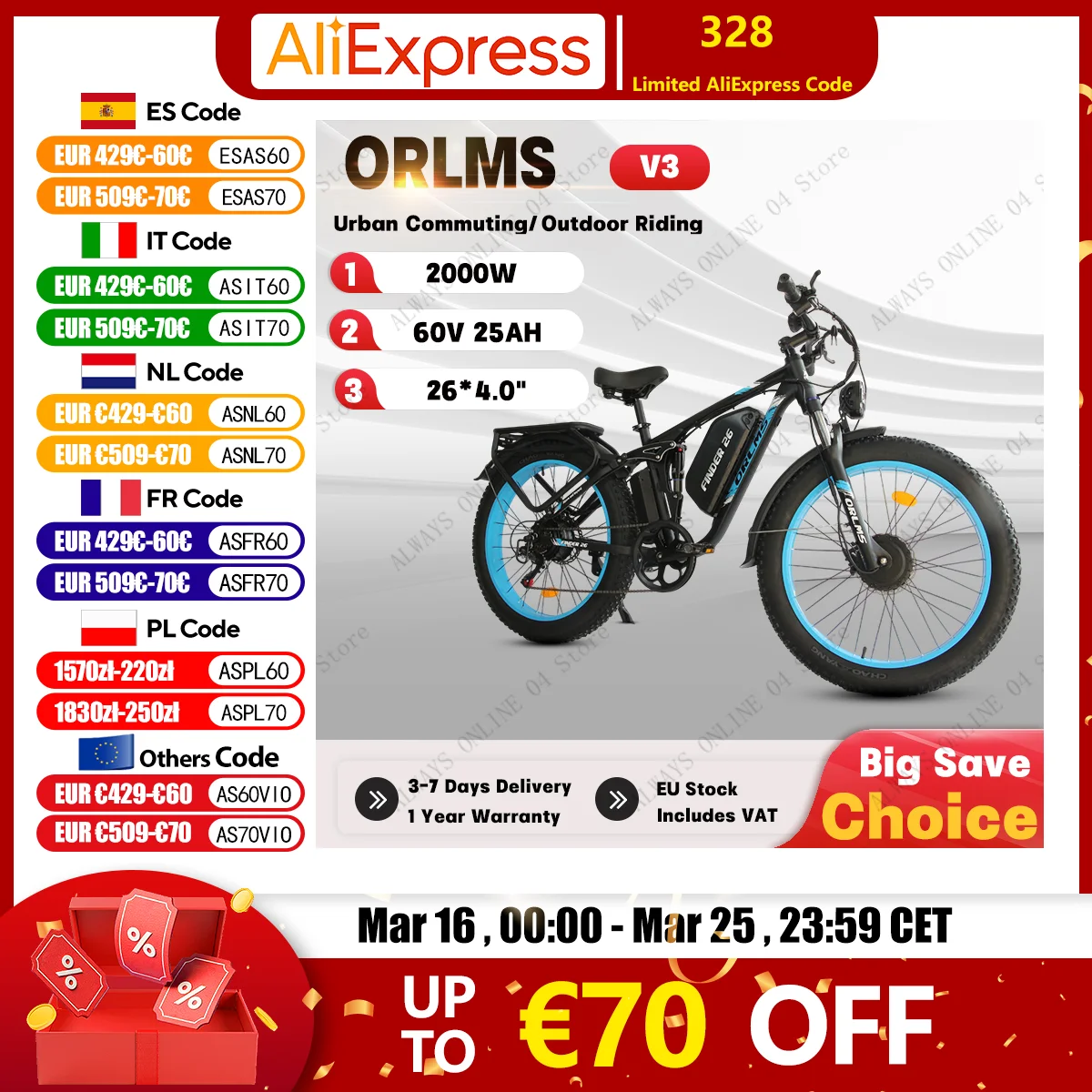 ORLMS V3 Elektrofahrrad für Outdoor-Fahrten, 2000W Doppelmotor, 60V 25Ah Akku, City E-Bike mit 26*4.0 Zoll Reifen, Offroad E-Bike für Erwachsene
