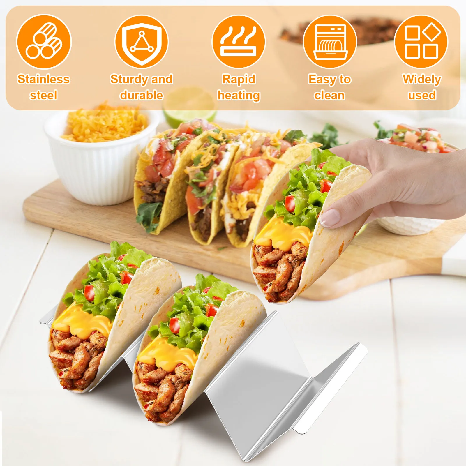 New 6 Pcs Taco Holders 430 Stainless Steel Taco Stand Rack Double Sided Use Taco Holder Stand Holds Up to 3 Tacos